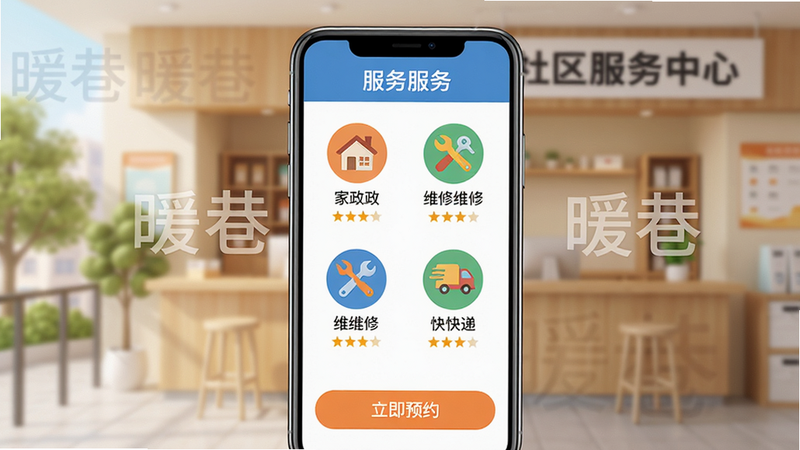 主体:暖巷App的便民服务页面,展示服务项目图标(如家政、维修、快递),背景为社区服务中心。布局:手机屏幕展示,服务项目以网格形式排列,底部有“立即预约”按钮。排版:图标简洁,文字标注清晰。风格:扁平化,色彩明快。细节:每个图标下方有服务名称和评分,背景有“暖巷”水印。画质:高清,干净,无多余元素。