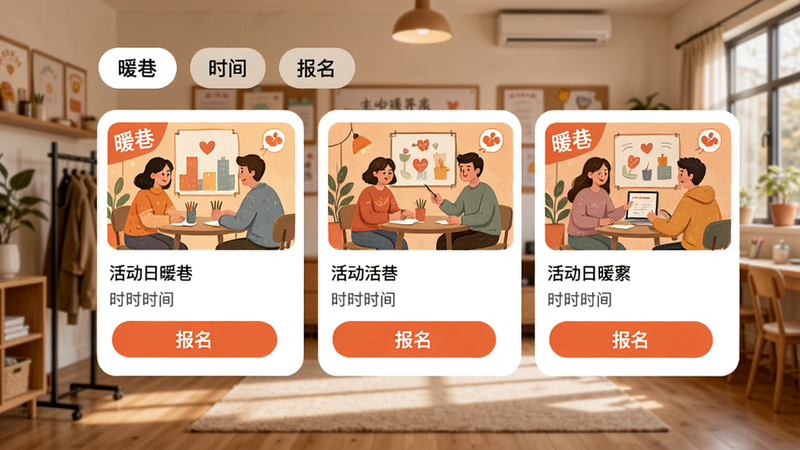 主体:暖巷App的社区活动页面,展示活动列表,包含活动封面图、名称、时间和报名按钮,背景是社区活动室。布局:手机屏幕展示,活动卡片横向滑动,顶部有分类标签栏。排版:卡片式布局,信息清晰,色彩活泼。风格:插画与实景结合,色调温暖。细节:活动封面图带有“暖巷”Logo角标,报名按钮突出。画质:高清,干净,无多余元素。