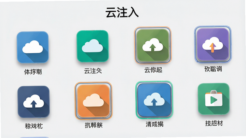 主体:云注入软件的功能模块选择页面,展示多个模块图标。布局:网格排列,每个图标下方有名称。排版:顶部有“云注入”字样,背景为淡灰色。风格:扁平化设计,色彩鲜艳。细节:图标带有阴影,选中时有高亮边框。画质:高清,干净无多余元素。