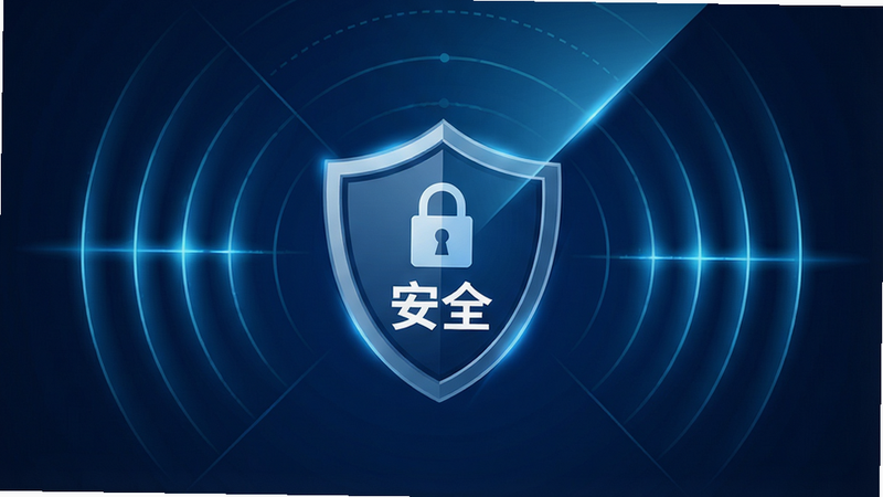 主体:云注入软件的安全防护界面,显示盾牌图标和“安全”字样。布局:盾牌居中,周围有扫描雷达动画。排版:背景为深蓝色,文字白色。风格:科技感,线条光效。细节:盾牌上有锁形图标,雷达波纹扩散。画质:高分辨率,干净无多余元素。
