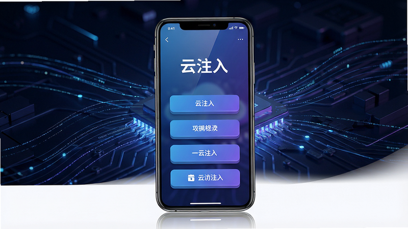 主体:云注入软件界面,手机屏幕展示注入功能列表,背景为深色科技感光效。布局:手机居中,屏幕内容清晰可见,周围有流动的数据线条。排版:界面有“云注入”字样,下方排列功能按钮。风格:现代扁平化,蓝紫色渐变。细节:屏幕反射微光,按钮有立体感。画质:高清渲染,干净无多余元素。