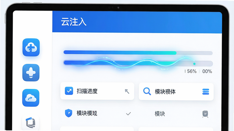 主体:云注入软件的智能注入引擎界面,显示扫描进度条和模块列表。布局:左侧为应用图标,右侧为详细的注入选项。排版:顶部有“云注入”标题,中间为进度条。风格:简洁明亮,蓝白配色。细节:进度条有动态光效,选项旁有说明图标。画质:清晰细腻,干净无多余元素。