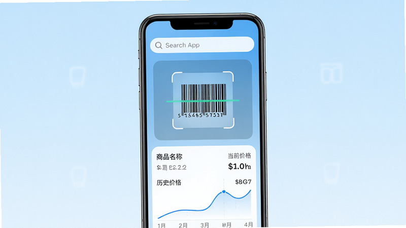 一张智能手机屏幕显示查查价格App主界面,界面顶部有搜索框,中间展示一个商品条码扫描动画,下方列出商品名称、当前价格和历史价格曲线,背景为浅蓝色渐变,整体风格简洁现代,UI设计清晰,画质干净,无多余元素。