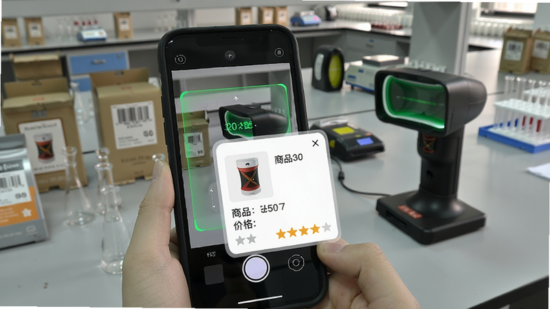 查查价格App的条码扫描功能演示,手机摄像头对准商品条码,屏幕出现绿色扫描框和识别结果,商品信息卡片弹出,包含商品图片、名称、价格和评分,背景为实验室桌面,有商品实物和扫描设备,风格写实,细节丰富,画质清晰。