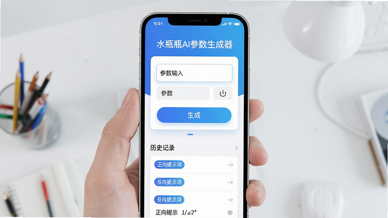 主体:水瓶瓶Ai参数生成器手机应用界面,展示参数生成功能;布局:中央为参数输入框与生成按钮,下方为参数历史记录列表;排版:简洁的卡片式设计,信息层级分明;风格:现代科技感,蓝色渐变主色调,搭配白色背景;细节:界面包含“水瓶瓶Ai参数生成器”字样,参数列表显示“正向提示词”、“反向提示词”等标签;画质:高清渲染,干净无多余元素