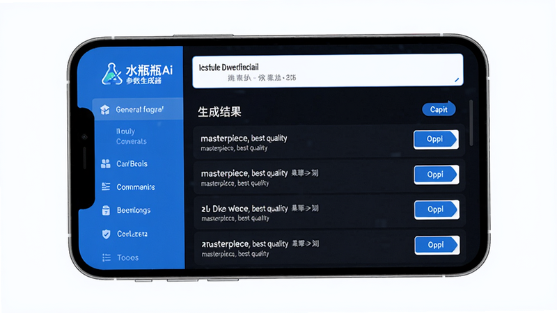 主体:水瓶瓶Ai参数生成器正在生成提示词的界面,手机屏幕显示大量英文与中文标签;布局:屏幕上方为输入框,下方为生成结果列表,带有复制按钮;排版:左右分栏,左侧为功能菜单,右侧为结果预览;风格:扁平化设计,蓝色与白色搭配,科技感十足;细节:屏幕中显示“水瓶瓶Ai参数生成器”Logo,生成结果包含“masterpiece, best quality”等字样;画质:清晰锐利,干净无多余元素