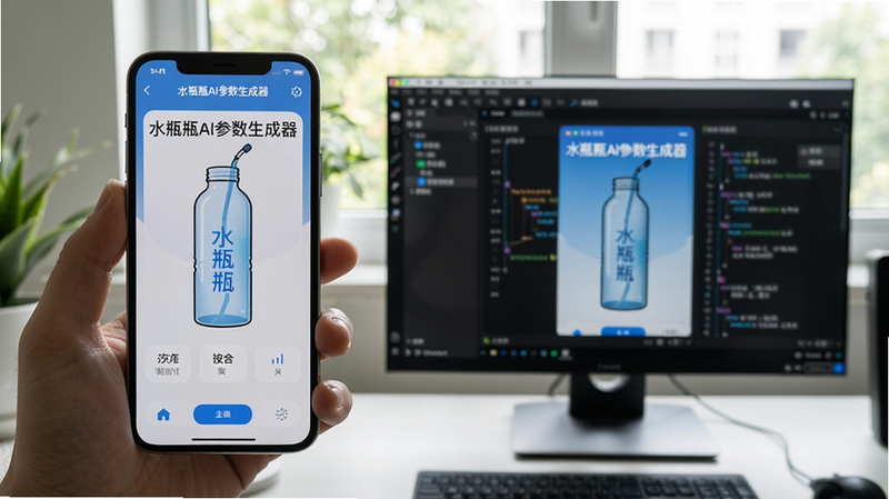 主体:水瓶瓶Ai参数生成器在手机上运行,旁边有模拟器窗口;布局:左侧为手机竖屏界面,右侧为电脑模拟器横屏界面;排版:对比布局,突出多设备适配;风格:写实摄影风格,光线自然;细节:手机屏幕显示“水瓶瓶Ai参数生成器”主界面,模拟器屏幕显示同一应用;画质:高分辨率,干净无多余元素