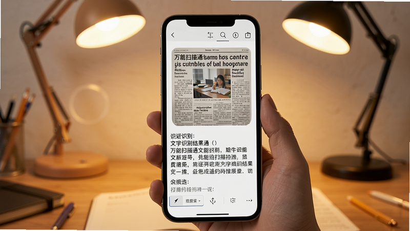 万能扫描通文字识别结果展示,手机屏幕上显示扫描的报纸文章,下方为识别出的文字,可编辑和复制,背景为书桌和台灯,整体风格温暖,画质清晰,干净无多余元素