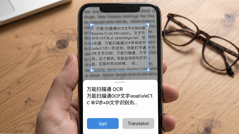 万能扫描通OCR文字识别功能,手机屏幕中显示一段印刷文字被框选识别,下方弹出识别结果文本,并带有复制、翻译按钮,背景为木桌与眼镜,整体风格专业实用,画质清晰,干净无多余元素