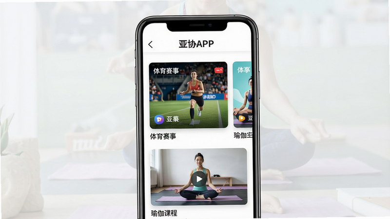 亚协APP主界面预览图,展示体育赛事直播与瑜伽课程两大核心板块,手机竖屏布局,顶部导航栏显示“亚协APP”字样,中部为赛事卡片与瑜伽视频缩略图,整体风格现代简约,色彩明亮清新,画质高清干净,无多余元素