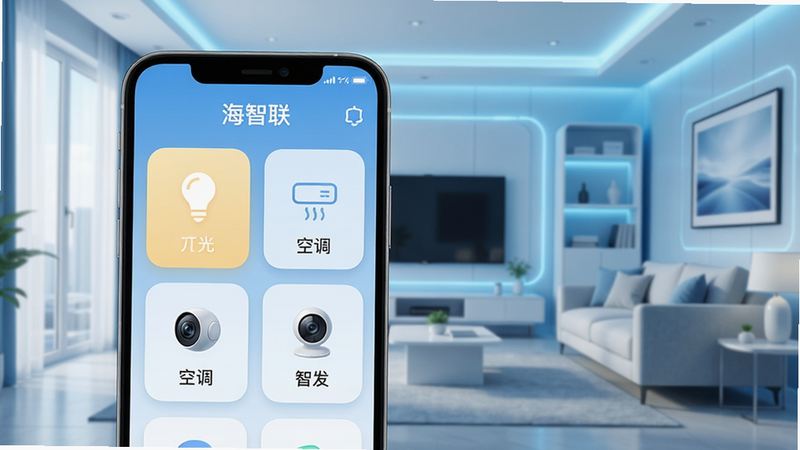 ���ܼҾӿ��ƽ��棬�ֻ���Ļ��ʾ�����������棬�����ƹ⡢�յ�������ͷ���豸��Ƭ������Ϊ�ִ�������ǳ��ɫ�Ƽ������⣬���沼��������ͼ��Բ�����ֱ�ע�������������ɾ��޶���Ԫ�أ��߻���