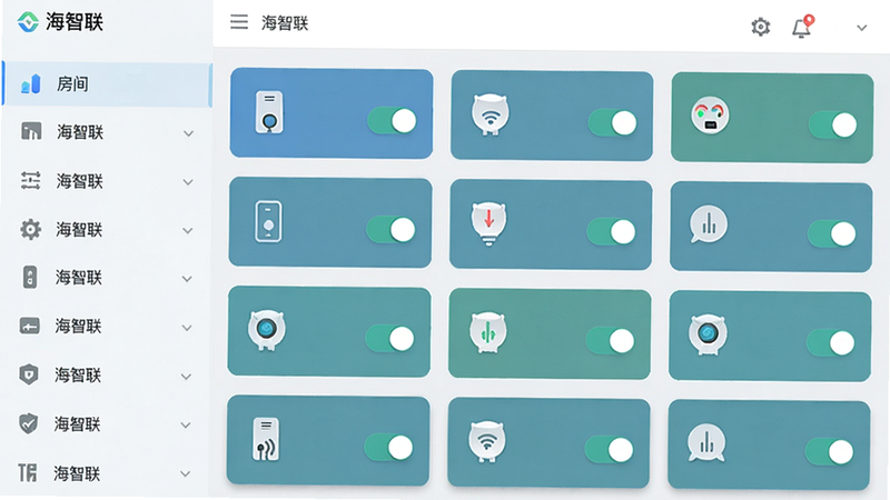 ������APP�豸������棬��������ʾ�����б����Ҳ�չʾ�豸��Ƭ��ÿ����Ƭ����ͼ��Ϳ��ذ�ť������Ϊǳ��ɫ����ƽ����Ʒ������������ע�������������ɾ��޶���Ԫ�أ��߻���