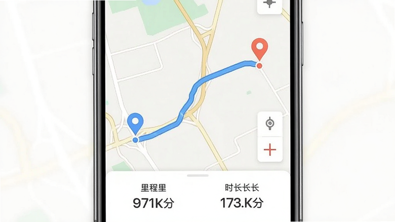 安酷拉行车轨迹记录界面预览图,手机屏幕上显示地图轨迹线条,起点和终点有标记,下方有里程和时长数据,背景为浅色地图,风格简约,画质干净