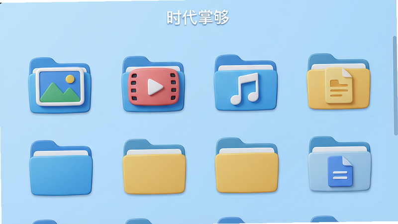 展示时代掌够的文件管理功能界面,界面中显示分类排列的文件夹图标,包括图片、视频、音乐、文档等,背景采用清爽的浅蓝色调,图标立体感强,排版整齐,风格现代,细节清晰,画质高清,干净无多余元素,界面顶部显示“时代掌够”字样