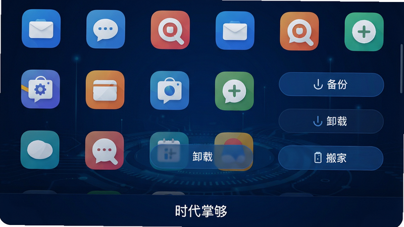 展示时代掌够的应用管理功能界面,界面中显示多个应用图标,并带有备份、卸载、搬家等操作按钮,背景采用深蓝色科技风,图标色彩丰富,界面布局合理,风格简约,细节精致,画质清晰,干净无多余元素,界面底部显示“时代掌够”字样