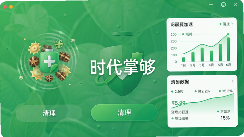 展示时代掌够的清理加速功能界面,界面中显示垃圾扫描动画,清理按钮醒目,背景采用绿色健康风格,数据图表清晰,排版简洁,风格现代,细节丰富,画质高清,干净无多余元素,界面中央显示“时代掌够”字样