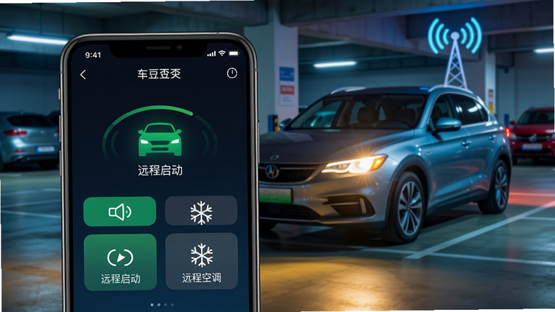 主体:一部手机显示车豆荚App远程控车界面,背景为停车场,车辆灯光亮起。布局:手机置于前景,展示控制面板,背景车辆清晰可见。排版:界面有“远程启动”“远程空调”按钮图标。风格:写实与科技感结合,色彩鲜明。细节:手机屏幕中车辆状态图标动态显示,背景有无线信号塔。画质:高清,干净,无多余元素。