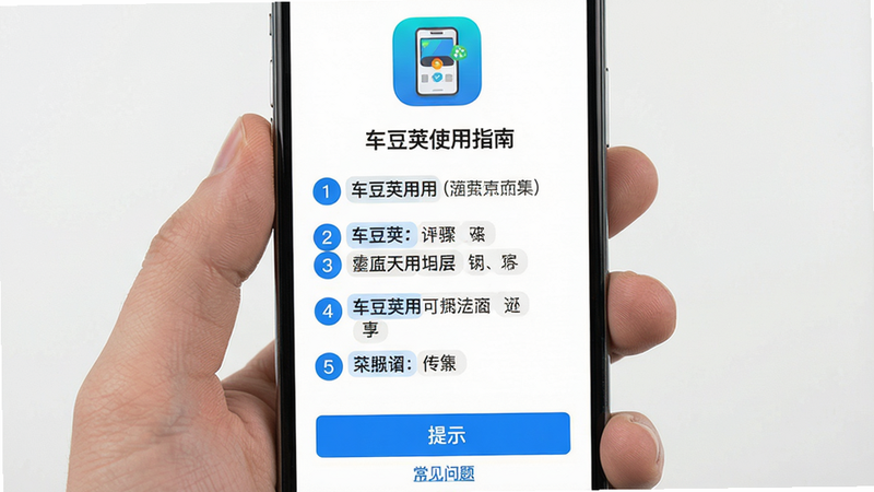 主体:手机屏幕显示车豆荚使用指南界面,包含步骤列表和图标。布局:界面从上到下排列,顶部为App图标,中部为步骤文字,底部为提示按钮。排版:文字清晰,关键步骤用蓝色高亮。风格:简洁教学风格,背景白色。细节:每一步骤前有数字圆圈,底部有“常见问题”链接。画质:高清,干净,无多余元素。