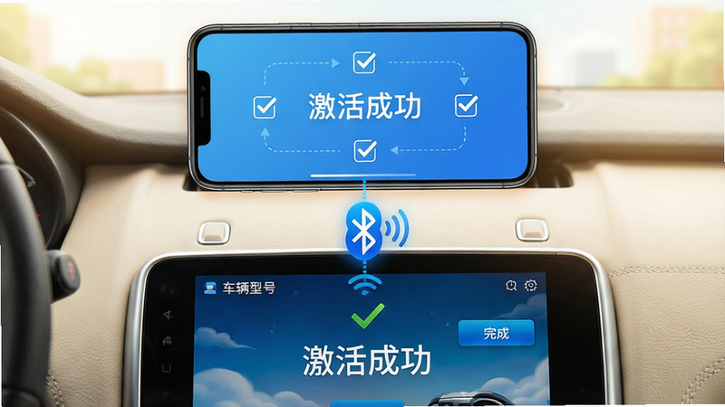 主体:手机与汽车中控台配对成功画面,屏幕显示“激活成功”字样。布局:上方为手机界面,下方为车辆中控屏,两者有蓝牙连接动画。排版:激活成功提示居中,周围有步骤勾选图标。风格:明亮温馨,蓝色为主。细节:中控屏显示车辆型号,手机屏幕有“完成”按钮。画质:高清,干净,无多余元素。
