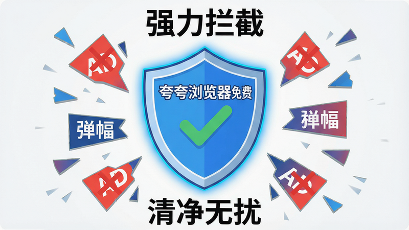 主体:一个盾牌图标中央打勾,盾牌表面有“夸夸浏览器免费”字样,周围散落着被击碎的广告碎片(如“AD”、“弹窗”、“横幅”字样)。布局:盾牌居中,背景为亮灰色,碎片向四周飞散。排版:盾牌上方标题“强力拦截”,下方文字“清净无扰”。风格:扁平插画风,色彩鲜明。细节:碎片带有红色叉号,盾牌边缘有蓝色描边光效。画质:高分辨率,干净无多余元素。