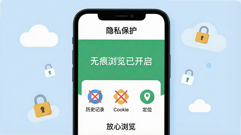主体:手机屏幕展示夸夸浏览器免费的无痕模式界面,绿色背景上有“无痕浏览已开启”字样,下方列出三个图标:历史记录(带斜线)、Cookie(带斜线)、定位(带斜线)。布局:手机居中,背景为浅蓝色,周围有云朵和锁头图标。排版:屏幕上方有“隐私保护”标题,下方有“放心浏览”字样。风格:清新简约,扁平化。细节:图标线条干净,颜色搭配和谐。画质:高清,干净无多余元素。