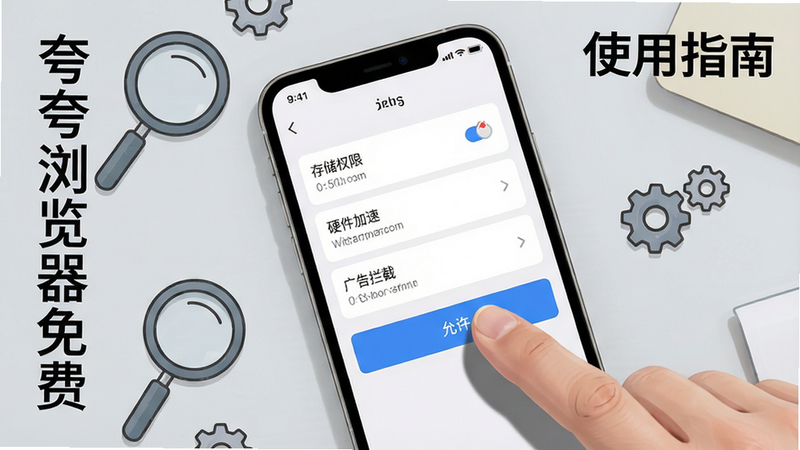 主体:一部手机正在操作夸夸浏览器免费应用,屏幕显示设置界面,有“存储权限”、“硬件加速”、“广告拦截”等选项,手指正在点击“允许”按钮。布局:手机位于画面中央,背景为浅灰色工作台,周围有放大镜、齿轮等图标。排版:右上角有文字“使用指南”,左侧有竖排“夸夸浏览器免费”字样。风格:实拍与插画结合,色彩自然。细节:手机屏幕上的选项清晰可见,手指有阴影效果。画质:细腻,干净无多余元素。