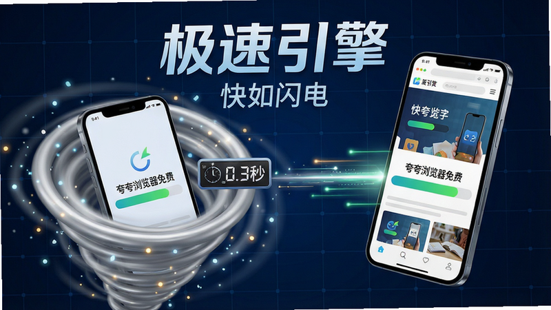 主体:一个高速运转的银色旋风中心包裹着手机屏幕,屏幕中显示“夸夸浏览器免费”的加载进度条瞬间拉满,旁边有计时器显示“0.3秒”。布局:旋风位于画面左侧,手机位于右侧,两者之间用光速线条连接,背景为深蓝色科技网格。排版:上方大字标题“极速引擎”,下方小字“快如闪电”。风格:科技感3D渲染,动态模糊效果。细节:旋风中有微小光点,手机屏幕上的网页图文清晰,进度条呈绿色渐变。画质:清晰锐利,干净无多余元素。