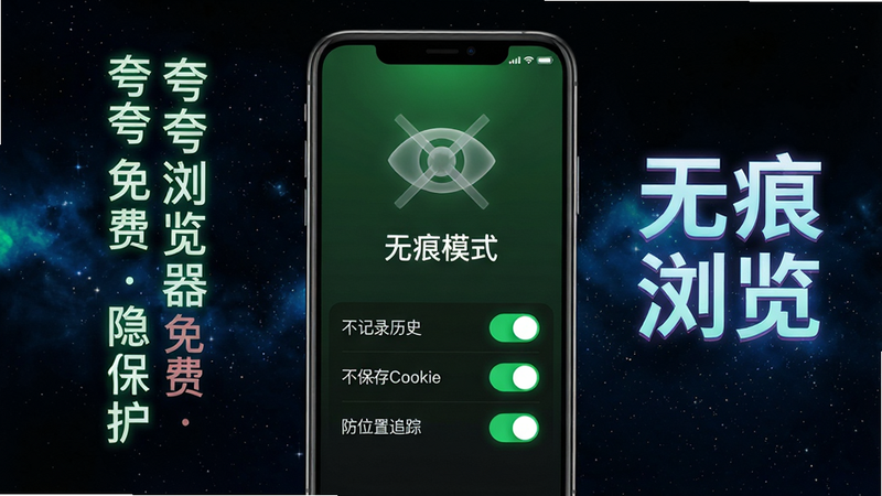 主体:手机屏幕显示“无痕模式”绿色界面,屏幕上方有眼睛图标被斜线划掉,下方列出“不记录历史”、“不保存Cookie”、“防位置追踪”三个开关,全部为开启状态。布局:手机居中,背景为暗色星空。排版:手机左侧有竖排文字“夸夸浏览器免费隐私保护”,右侧有“无痕浏览”艺术字。风格:暗色系科技风,霓虹光效。细节:眼睛图标半透明,开关滑块为绿色发光。画质:分辨率高,干净无多余元素。