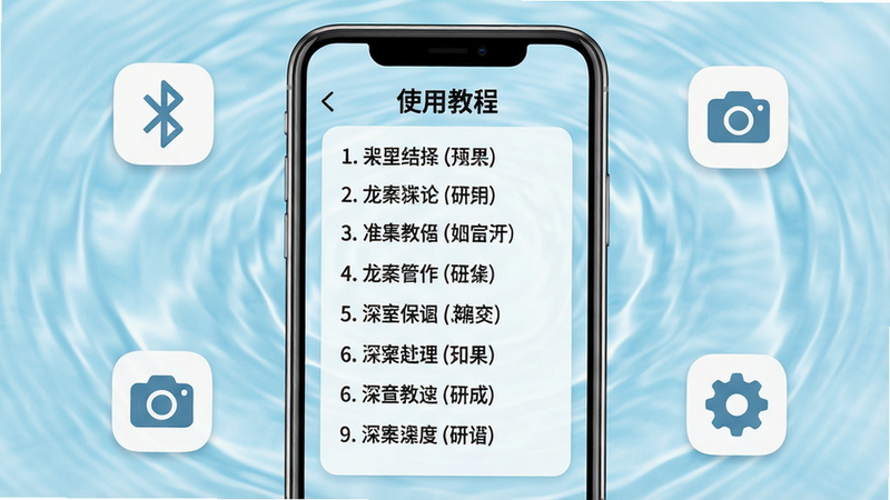 主体:手机屏幕显示龙虾保的使用教程页面,文字步骤以列表形式呈现,背景为淡蓝色水波纹。布局:手机居中,周围有简化的操作图标,如蓝牙、相机、设置。排版:步骤文字从上到下排列,图标环绕在手机四周。风格:清新简洁,教育风格。细节:文字清晰,图标有圆角,背景水波纹柔和。画质:高清,干净,无多余元素。