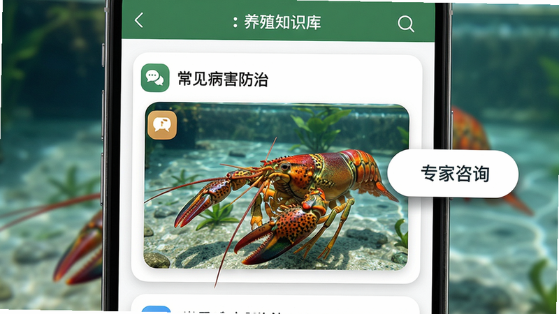 主体:龙虾保软件内的养殖知识库界面,展示“常见病害防治”文章列表,配图是健康的龙虾在清澈水池中游动。布局:手机屏幕占主画面,右侧悬浮“专家咨询”按钮。排版:文章列表以卡片形式排列,图标在左上角。风格:自然生态风格,色彩明亮。细节:卡片有圆角,配图清晰,按钮有阴影。画质:高清,干净,无多余元素。
