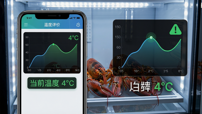 主体:手机屏幕显示龙虾保软件的温度监测曲线图,旁边有“当前温度 4℃”的绿色数字,背景为透明冷藏柜,柜内龙虾清晰可见。布局:手机占据画面左侧,右侧为放大的温度曲线和提示图标。排版:曲线图在上,数据文字在下,简洁直观。风格:写实与科技结合,色彩清新。细节:曲线平滑,数据文字清晰,冷藏柜有灯光效果。画质:高清,干净,无多余文字。