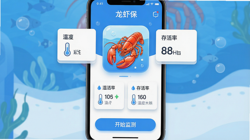 主体:一款名为“龙虾保”的智能手机应用界面,屏幕中央显示一只鲜活的大龙虾图标,周围环绕着温度、湿度、存活率等数据卡片,整体色调以蓝色和白色为主,象征清新保鲜。布局:手机居中,界面简洁明了,数据卡片整齐排列,底部有“开始监测”按钮。排版:图标在屏幕上方,数据区域在下方,层次分明。风格:现代扁平化,结合科技感与自然元素。细节:龙虾图标带有光泽,数据卡片有轻微阴影,按钮为圆角矩形。画质:高清,干净,无多余元素。