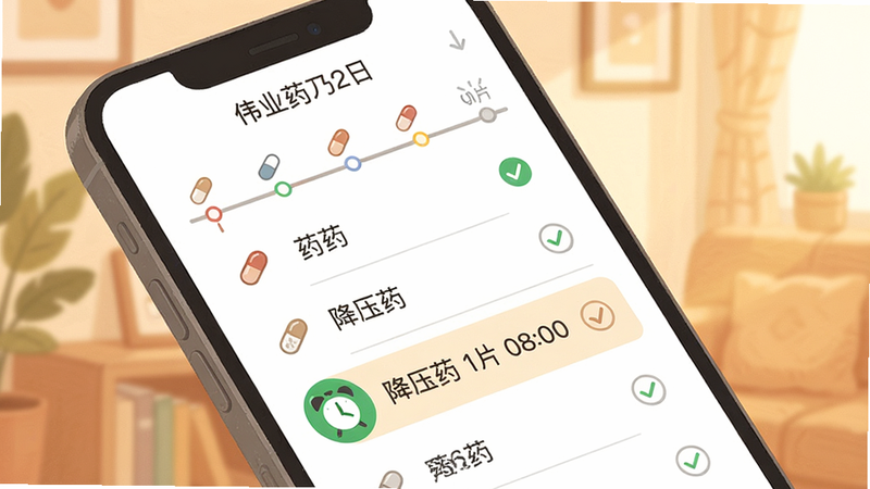 ���壺�ֻ���Ļ��ΰҵҩҩͨ����ҩ���ѽ��棬��ʾʱ�����ҩ��ͼ�ꡣ���֣��ֻ�б�ţ���Ļ���������ɼ�������Ϊ��ܰ��ůɫ�����Ű棺���涥��Ϊ���ڣ��в�Ϊ��ʱ�����е������б���ÿ����ҩ���ʹ�ԲȦ����񣺲廭���ɫ����͡�ϸ�ڣ���Ŀλ����һ����ɫ����ͼ�꣬һ��������ʾ����ѹҩ 1Ƭ 08:00�������ʣ����壬�ɾ����޶���Ԫ�ء�