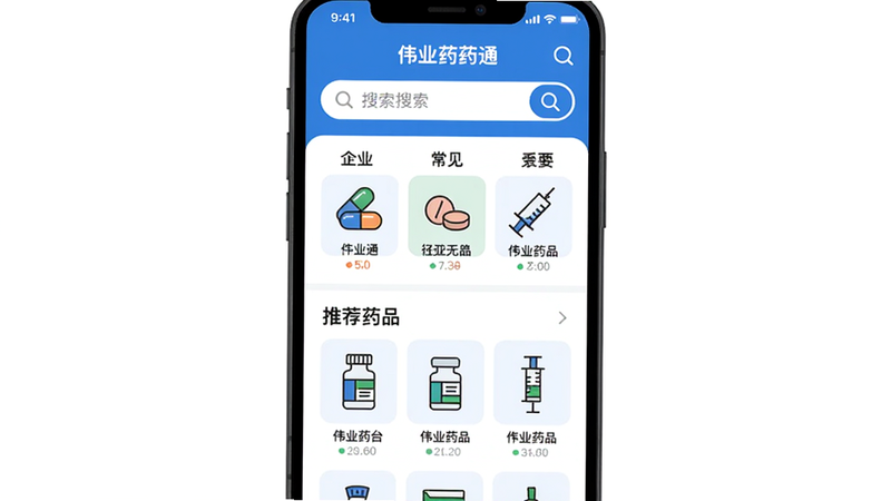 ���壺�ֻ���ĻչʾΰҵҩҩͨAPP�����棬����������ʾҩƷ������ͼ��ֳ���ҩƷ�Ŀ�ͨͼ�ꡣ���֣��ֻ�λ�ڻ������룬�������ף���Ļ����ռ����Ҫ�Ӿ������Ű棺�����࣬���ϵ�������Ϊ������������ͼ�ꡢ�Ƽ�ҩƷ�б�������ִ���ƽ����Ʒ��ɫ������ɫ�Ͱ�ɫΪ����������ɫ��׺��ϸ�ڣ�ҩƷͼ���н��ҡ�ҩƬ��ע����ȣ��������зŴ�ͼ�ꡣ���ʣ����壬�ɾ����޶���Ԫ�ء�