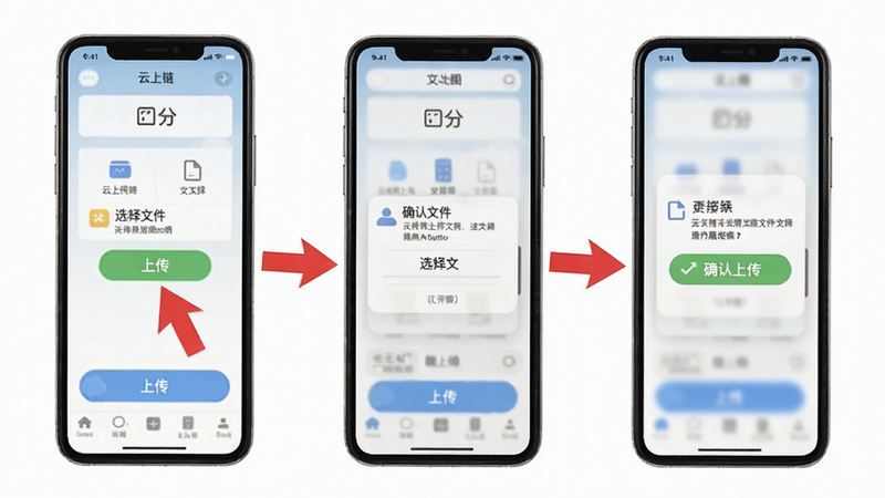 云上链使用教程配图,画面展示手机屏幕上的操作步骤,包括点击上传按钮、选择文件、确认上传等流程,背景为白色,步骤用红色箭头标注,布局清晰,画质干净,无多余元素