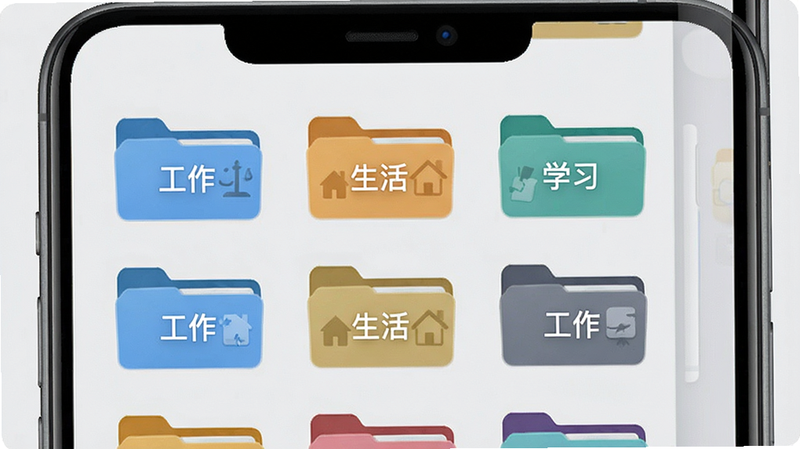 云上链智能分类功能展示图,画面为手机屏幕截图样式,内部显示多个彩色文件夹图标,每个文件夹上标有“工作”、“生活”、“学习”等标签,背景为浅灰色,布局整齐,风格扁平化,细节丰富,画质清晰,无多余元素