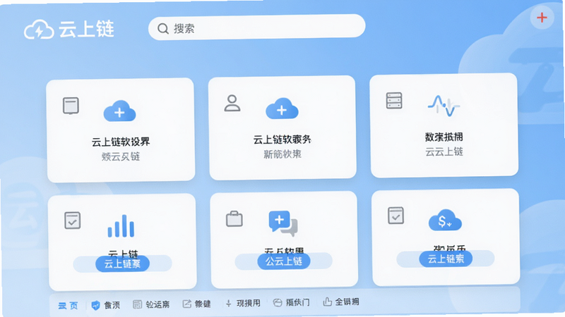 一张展示云上链软件主界面的高清截图,画面中央是简洁的卡片式功能布局,顶部显示云上链logo与搜索栏,背景为淡蓝色渐变,整体风格现代简约,细节清晰,画质干净,无多余元素