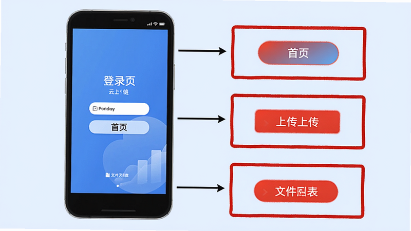 云上链APP使用流程图,画面展示手机界面从上到下的操作步骤,依次为登录页、首页、上传按钮、文件列表,每一步用红色框标注,背景为浅蓝色,风格简洁,画质干净,无多余元素