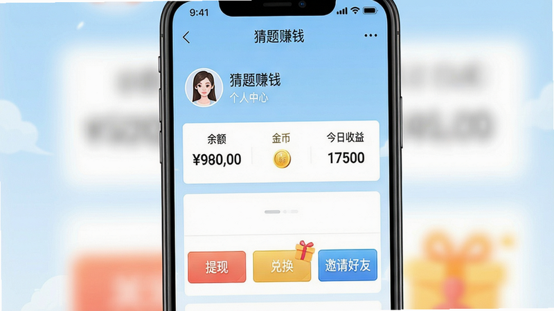 һ���ֻ���ͼ��չʾ������׬Ǯ���ĸ�������ҳ�棬�������û�ͷ����ǳƣ�������ʾ��������ҡ����������桱�����֣��м��С����֡����һ�����������ѡ��Ȱ�ť������Ϊǳ��ɫ��UI�������������ʸɾ����޶���Ԫ��
