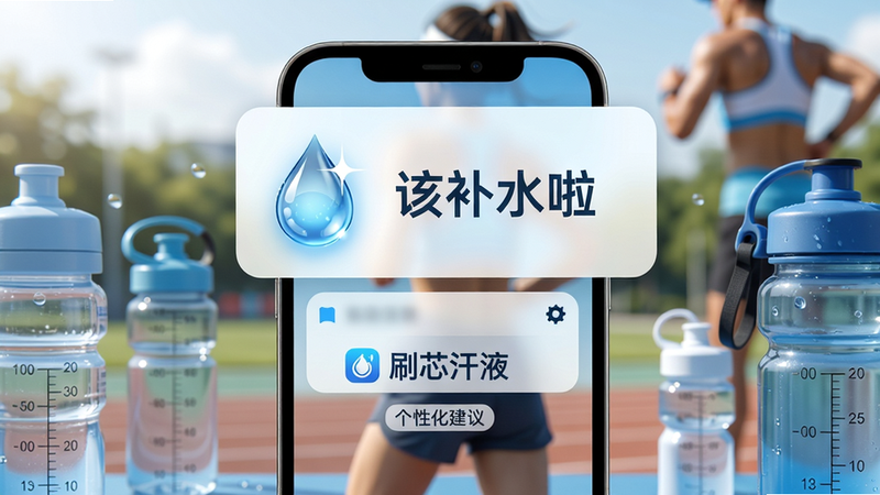 主体:手机通知栏出现一条补水提醒卡片,卡片上有水滴图案和“该补水啦”文字,背景为运动场景虚化。布局:手机居中,通知栏卡片放大显示,周围散落水杯、运动水壶等物品。排版:卡片位于屏幕上方,下方有“刷芯汗液”Logo和“个性化建议”标签。风格:清爽活力风,以蓝色和白色为主。细节:水滴图案有高光效果,水杯上有刻度线。画质:4K高清,干净无多余元素。