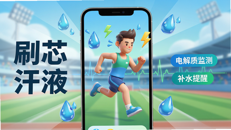 主体:手机屏幕上显示刷芯汗液App主界面,界面中央有一个运动员跑步的3D卡通形象,周围环绕汗滴、闪电、水滴等图标,背景为运动场。布局:手机居中,界面元素围绕手机呈放射状排列,左侧有“刷芯汗液”四个大字,右侧有“电解质监测”、“补水提醒”小标签。排版:文字与图标错落有致,主次分明,标题字体加粗,副标签字体较小。风格:科技感与运动风结合,色彩明亮,以蓝色和绿色为主色调。细节:汗滴图标带有光泽,运动员形象生动,心率曲线在背景中隐现。画质:8K超清,干净无多余元素。