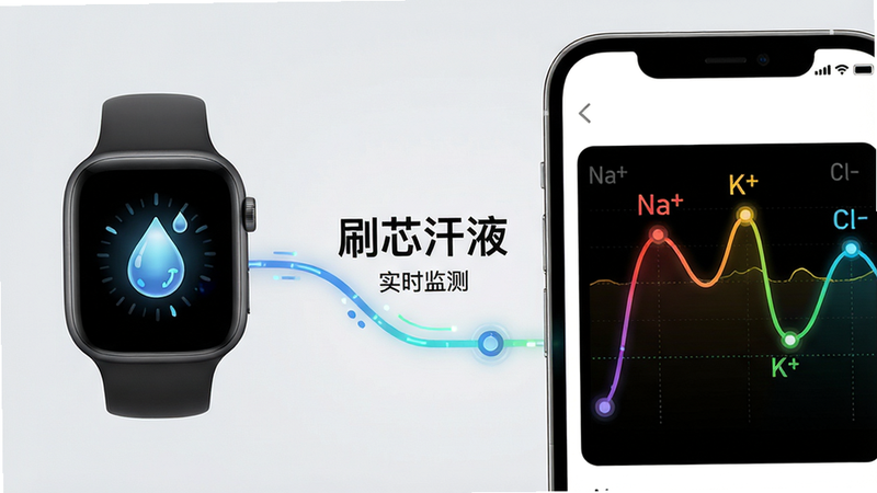主体:智能手表与手机连接,屏幕上显示汗液电解质曲线图,曲线标注“Na+”、“K+”、“Cl-”三种颜色。布局:左侧为手表实物图,右侧为手机界面放大图,中间用动态连线表示数据传输。排版:手表与手机各占一侧,中间留白处放置“刷芯汗液”字样,下方有“实时监测”小字。风格:简洁科技风,背景为浅灰色。细节:曲线图上有小圆点标记数据点,手表屏幕亮起显示汗滴图标。画质:高清,干净无多余元素。