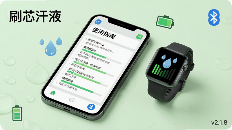 主体:一部手机和一只智能手表放在桌面上,手机屏幕显示刷芯汗液App的“使用指南”页面,周围有水滴、电池、蓝牙图标。布局:手机和手表并排,左上角有“刷芯汗液”字样,右下角有“v2.1.8”小字。排版:指南文字以列表形式排列,图标分布在角落。风格:简约实用风格,背景为淡绿色。细节:手表表盘上有汗滴图案,手机屏幕有绿色数据条。画质:高清,干净无多余元素。