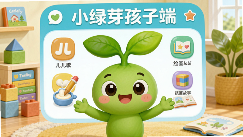 画面主体为卡通风格的小绿芽孩子端软件主界面,一个可爱的绿色小嫩芽卡通形象作为吉祥物,微笑着张开双臂。背景是明亮的儿童房,有积木、绘本和绿植。界面顶部有“小绿芽孩子端”字样,下方分布着儿歌、绘画、故事等彩色图标。整体排版扁平化,色彩清新活泼,采用圆润的UI设计,画质干净,无多余元素。