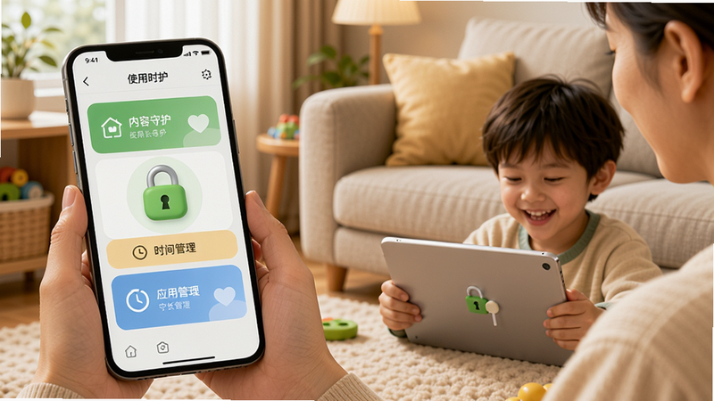 展示小绿芽孩子端的家长守护界面,一位家长正在手机上设置使用时长和应用锁。背景是温馨的客厅,孩子在一旁开心地使用平板。界面中央有一把绿色小锁图标,周围有“内容守护”“时间管理”等功能卡片。排版清晰,色彩柔和,画质干净。