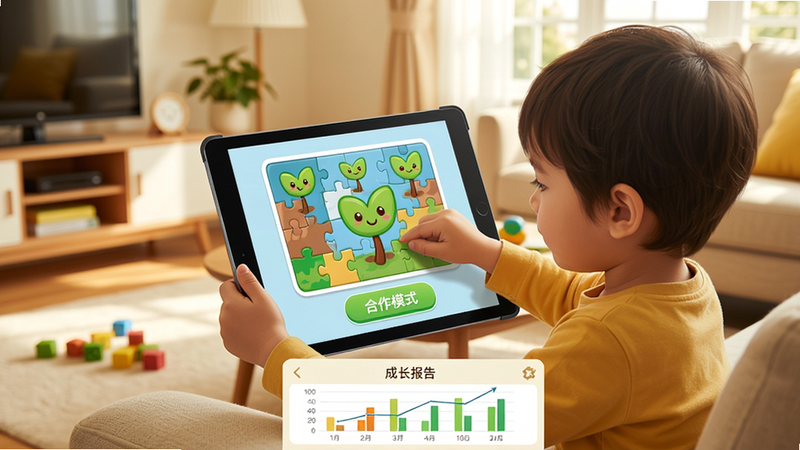 展示小绿芽孩子端的亲子共玩界面,家长和孩子一起在平板电脑上完成一幅拼图,屏幕上有“合作模式”按钮。背景是明亮的客厅,画面温馨。界面下方显示成长报告的图表样式。整体风格写实卡通,色彩温暖,画质干净。