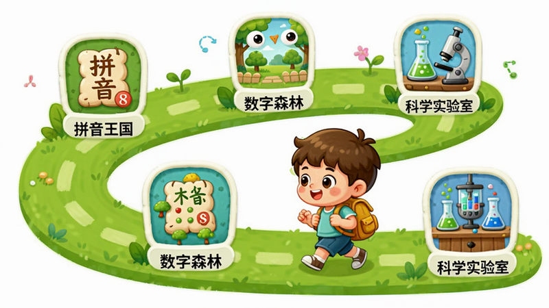 展示小绿芽孩子端的学习路径地图,一条蜿蜒的绿色小路上分布着多个卡通关卡图标,分别标注“拼音王国”“数字森林”“科学实验室”等。一个可爱的卡通小孩背着书包正在路上行走。整体采用2D卡通风格,色彩明亮,画面干净,无多余元素。