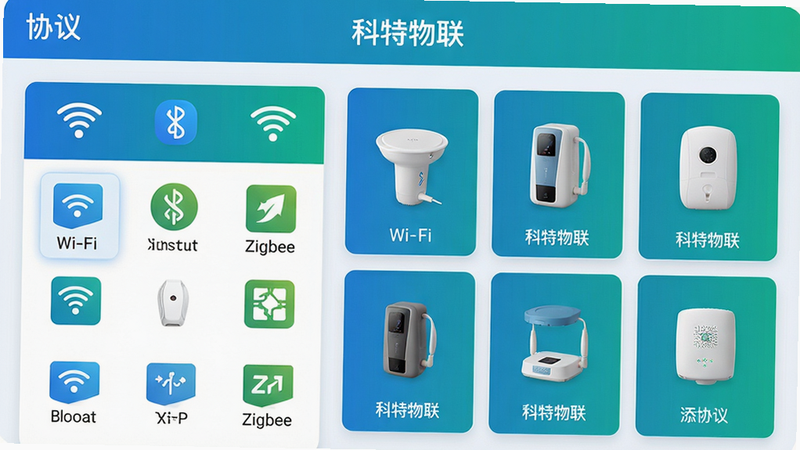 主体:科特物联App设备添加页面,展示多种协议图标(Wi-Fi、蓝牙、Zigbee等),布局:左侧为协议列表,右侧为对应设备示例图,排版:列表清晰,图标辨识度高,风格:简洁科技风,蓝绿渐变色调,细节:页面顶部有“科特物联”字样,画面干净,无多余元素,画质:高清,专业产品渲染。