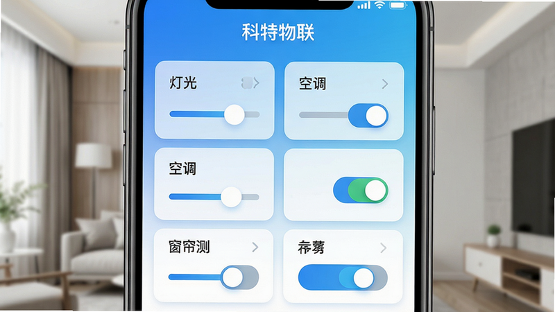 主体:科特物联App远程控制面板,展示灯光、空调、窗帘等设备控制滑块与开关,布局:手机屏幕居中,控制项按网格排列,排版:滑块与按钮交互清晰,风格:明亮现代风格,蓝白渐变背景,细节:屏幕顶部有“科特物联”字样,画面干净,无多余元素,画质:高清,UI界面设计图。