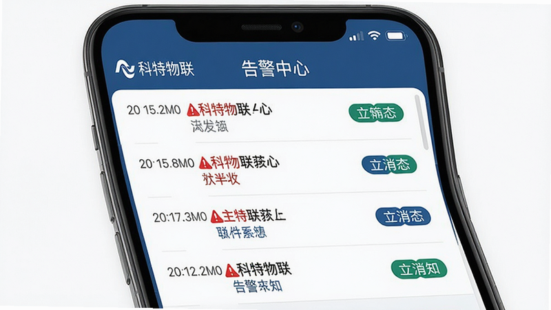 主体:科特物联App告警通知界面,手机屏幕显示多条告警消息列表,布局:屏幕居中,上方有“告警中心”标题,下方为消息条目,排版:消息按时间排序,状态标签醒目,风格:简洁商务风,红蓝警示色点缀,细节:屏幕内出现“科特物联”品牌标识,画面干净,无多余元素,画质:高清,UI界面截图风格。